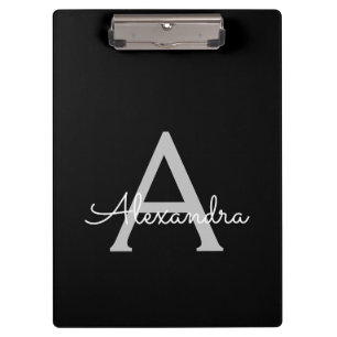 Pranchetas Preto Prata Moderno Nome Monograma Feminino Script