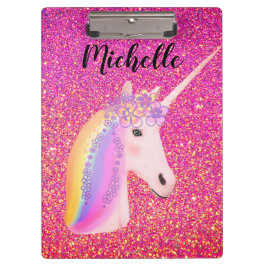 Pranchetas Rainbow Unicorn Pink Glitter Sparkles Personalizad
