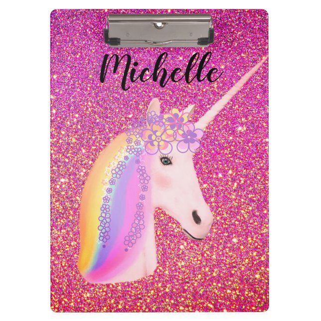 Pranchetas Rainbow Unicorn Pink Glitter Sparkles Personalizad (Frente)