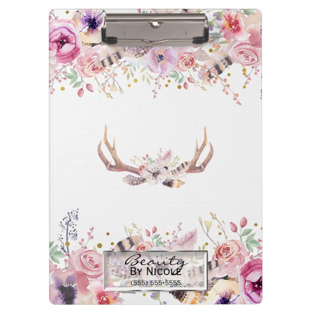 Pranchetas Rustic Glamor Boho Antlers Floral Personalizado (Frente)