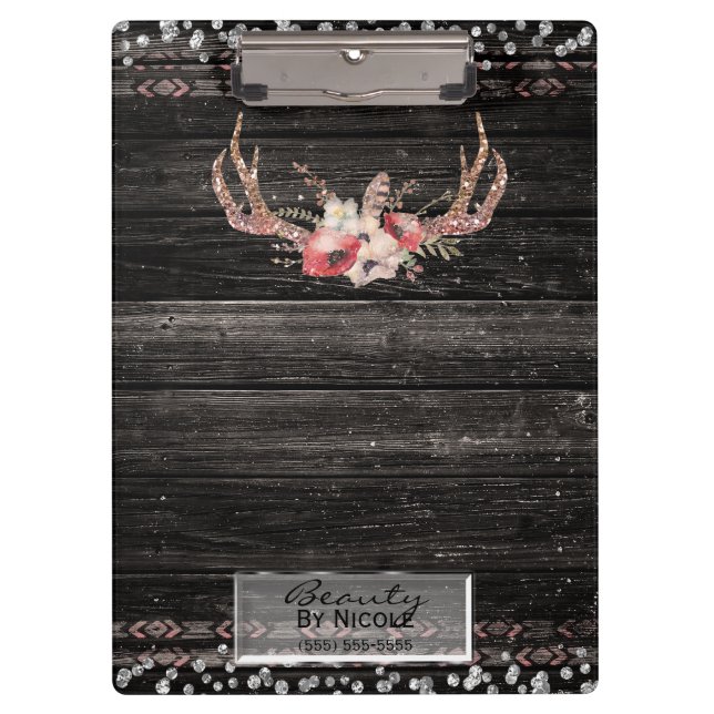 Pranchetas Rustic Glamor Boho Antlers Skull Personalizado (Frente)