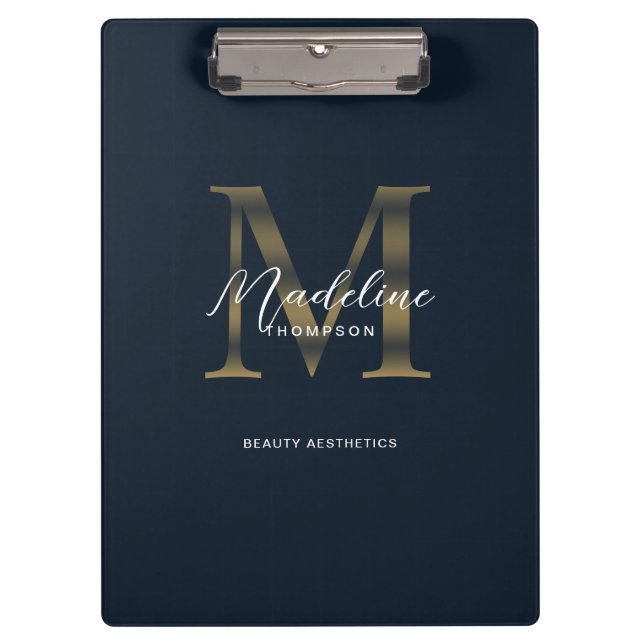 Pranchetas Script Chic Metalizado Azul Marinho Dourado Monogr (Frente)