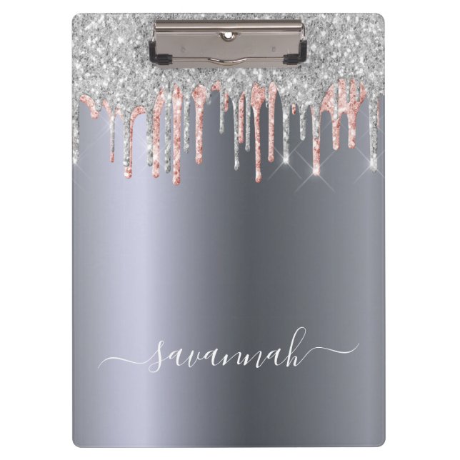 Pranchetas Script de nome rosa dourado de brilho prateado (Frente)