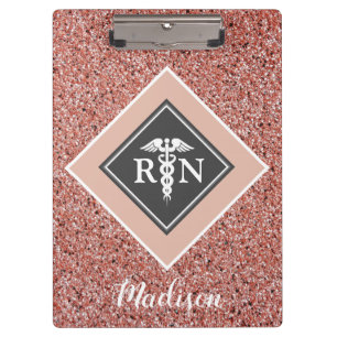 Pranchetas Script Glitter Dourado de Rosa Nurse RN Personaliz