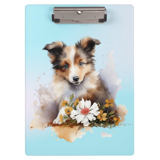 Pranchetas Shetland Sheepdog Puppy Pet Watercolor Fllower (Frente)