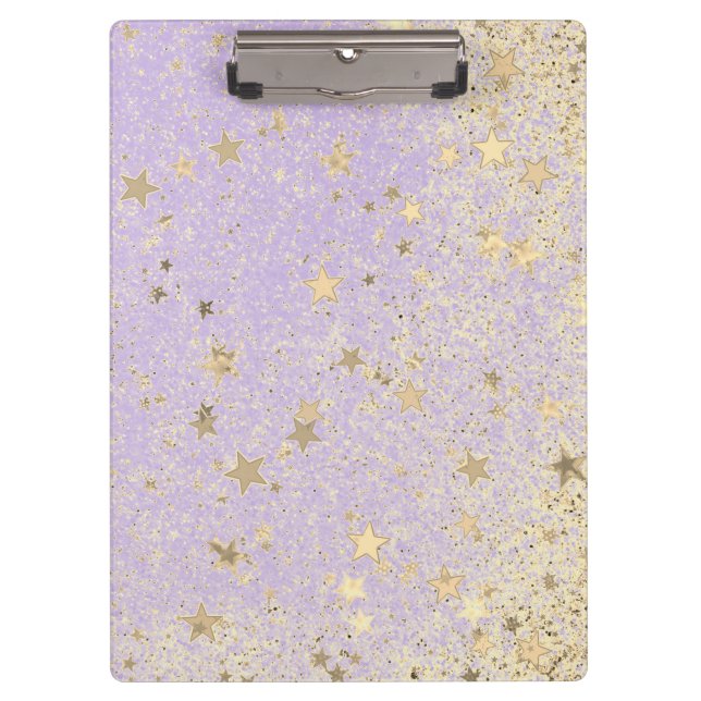 Pranchetas Shimmery Glittery Dourado Stars on Lavanda Notebo (Frente)