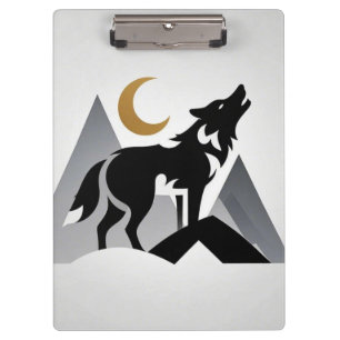 Pranchetas Silhueta de lobo elegante uivando para a lua cresc