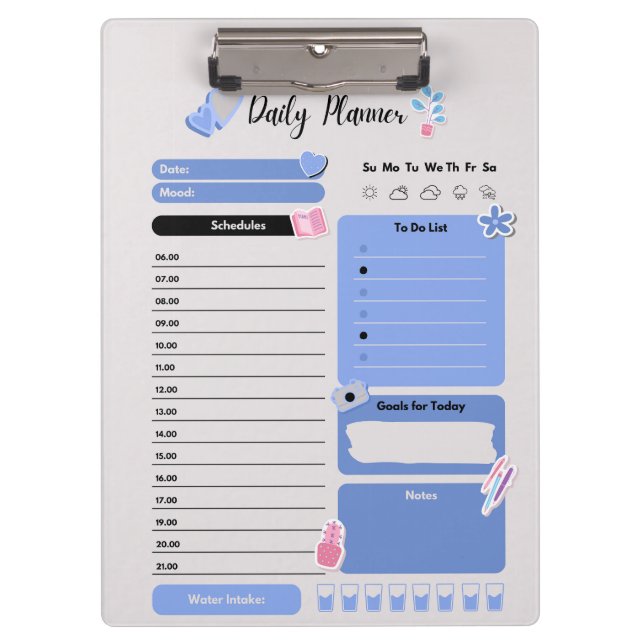 Pranchetas Soft Blue Daily Planner with Mood & Water Track (Frente)