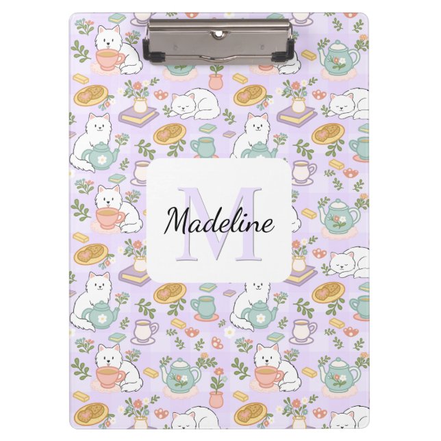 Pranchetas Tea & Bookish Cats Personalized Monogram Clipboard (Frente)