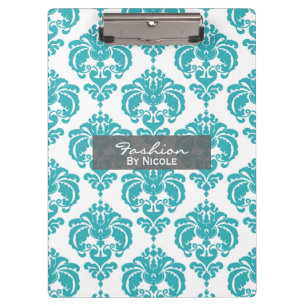 Pranchetas Teal Aqua Branco Damasco Chic Glam Personalizado