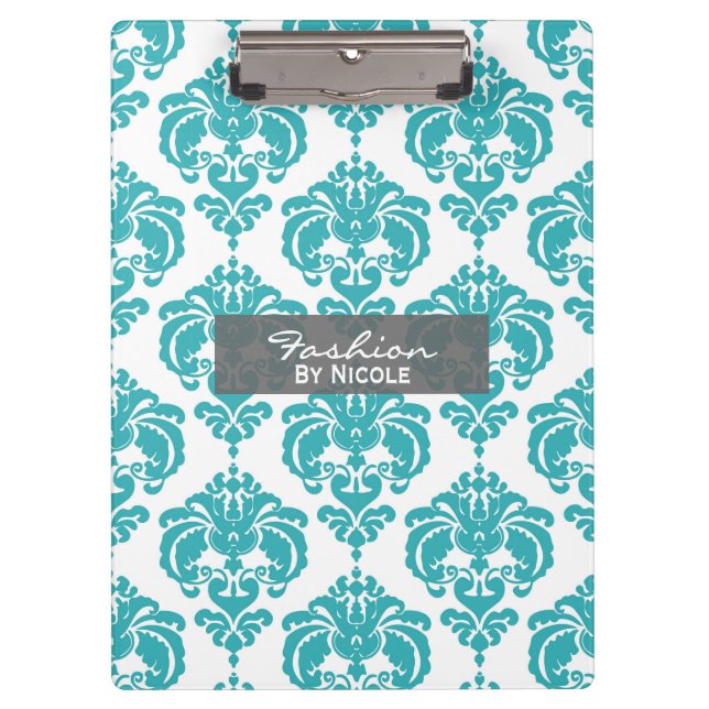Pranchetas Teal Aqua White Damask Chic Glam Personalizado (Frente)