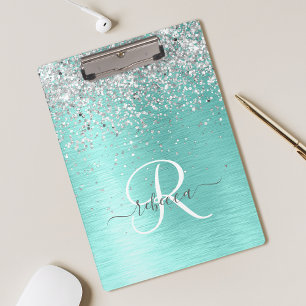 Pranchetas Teal Brugado Metal Silver Glitter Nome Monograma