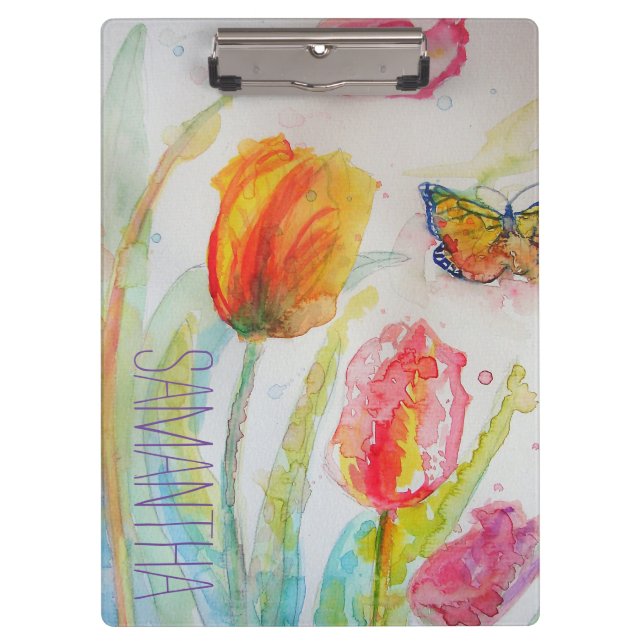 Pranchetas Tulipas Rosa Tulipas Floral Watercolor Mulher Nome (Frente)