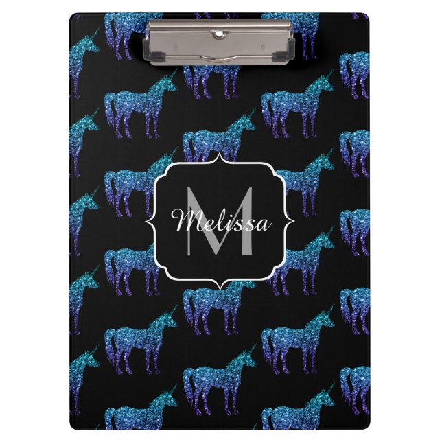 Pranchetas Unicorn Sparkles aqua Blue ombre Standard Monogram (Frente)