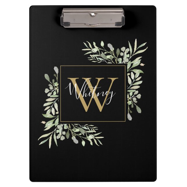 Pranchetas Verde Dourado preto Monograma Verde Floral (Frente)
