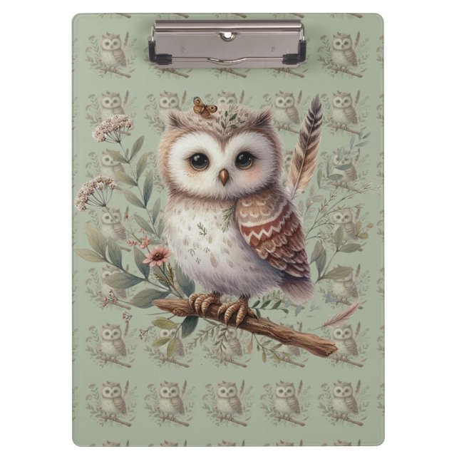Pranchetas Whimsical Woodland Owl Botanical Illustration (Frente)