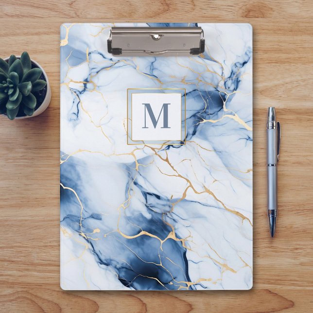 Pranchetas White Blue Gold Marble Monogram Initial Clipboard (Criador carregado)