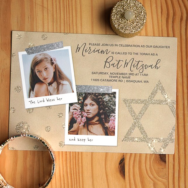 Prata, Dourada Bat Mitzvah Convite (Gold and silver glitter star of david bat mitzvah invitation with photos)