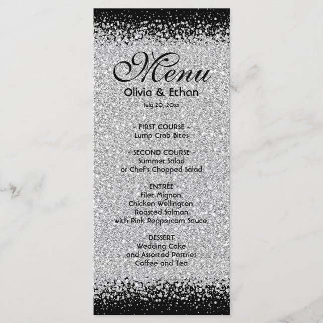 Prata Glittery moderna no menu preto do casamento (Frente)