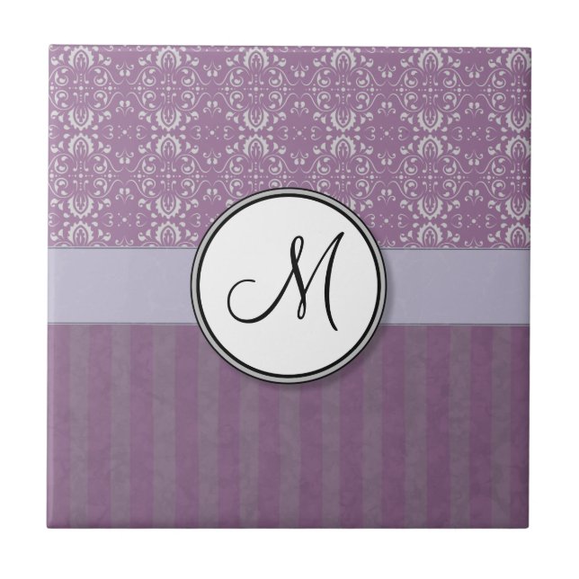Prata no damasco da lavanda com listras & monogram (Frente)