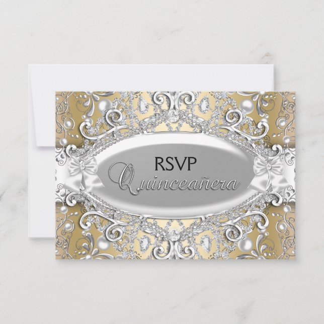 Prata & Ouro Damask Pérola Quinceanera RSVP (Frente)