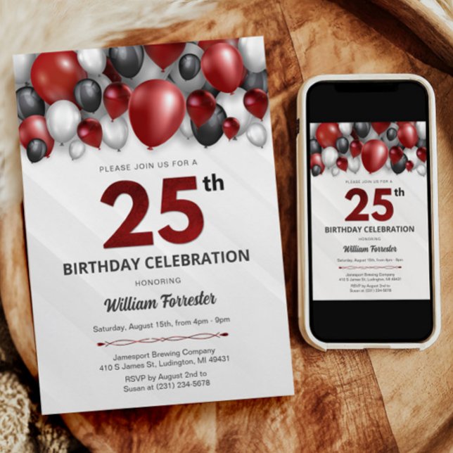 Prata Vermelha Negra e 25 Branco Convite de Aniver (Black Red Silver & White 25th Birthday Invitation)