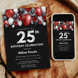 Prata Vermelha Negra e 25 Branco Convite de Aniver