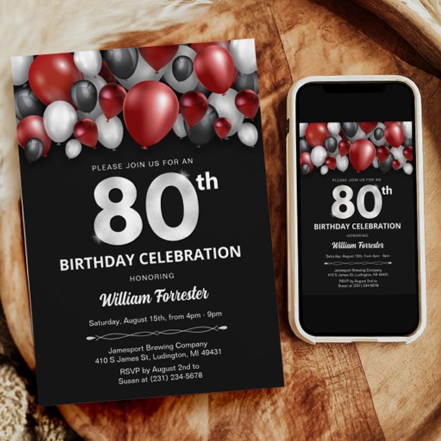 Prata Vermelha Negra e 80 Branco Convite de Aniver (Black Red Silver & White 80th Birthday Invitation)