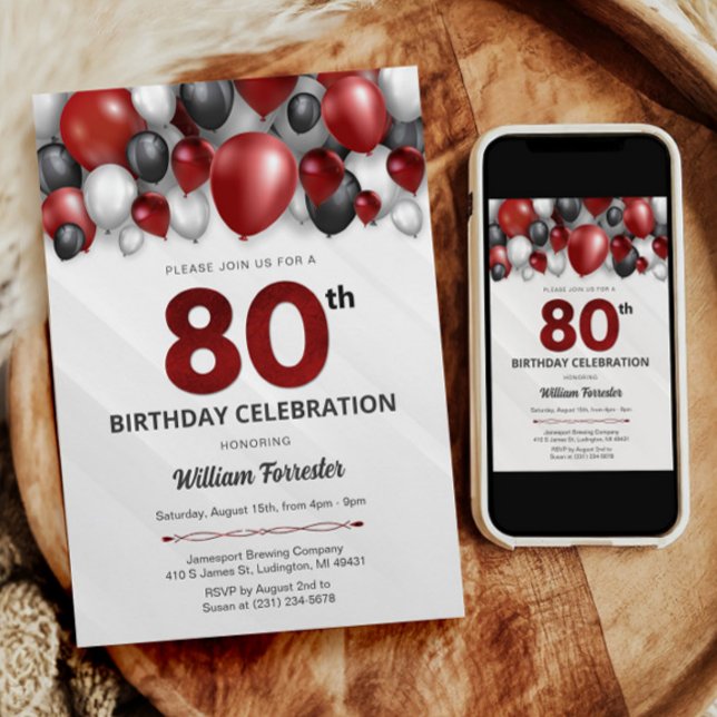 Prata Vermelha Negra e 80 Branco Convite de Aniver (Black Red Silver & White 80th Birthday Invitation)