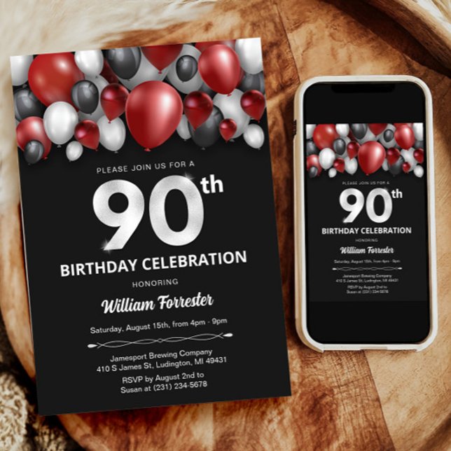 Prata Vermelha Negra e 90 Branco Convite de Aniver (Black Red Silver & White 90th Birthday Invitation)