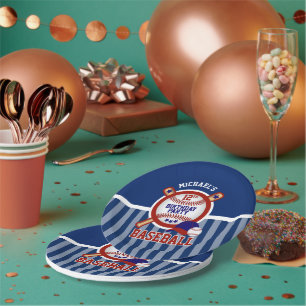 Prato De Papel 00th festa de aniversário - basebol - azul escuro