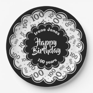 Prato De Papel 100º Padrão Aleatório de Números Preto/Branco
