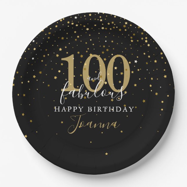 Prato De Papel 100 e Fabulosa Festa de aniversário Dourada (Frente)