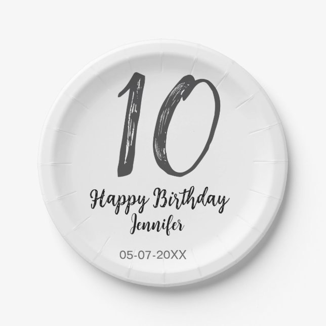 Prato De Papel 10.º aniversário adicionar nome data ano modelo ne (Frente)
