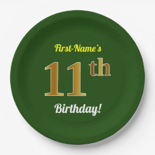 Prato De Papel 11 Verde, Faux Dourado Aniversário + Nome Persona