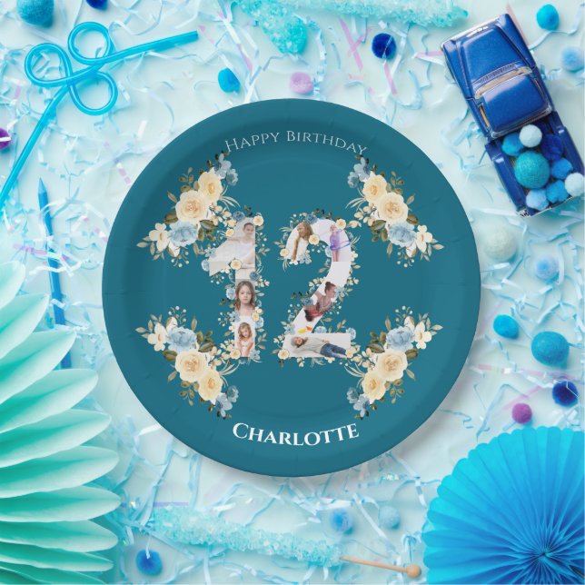 Prato De Papel 12 do Teal Colagem de Aniversário Flor Amarelo (Festa)