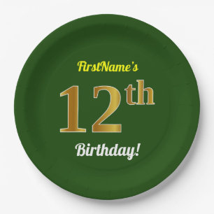 Prato De Papel 12 Verde, Faux Dourado Aniversário + Nome Persona