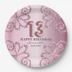 Prato De Papel 13 Birthday Pink Princess Glitter Balloon Script