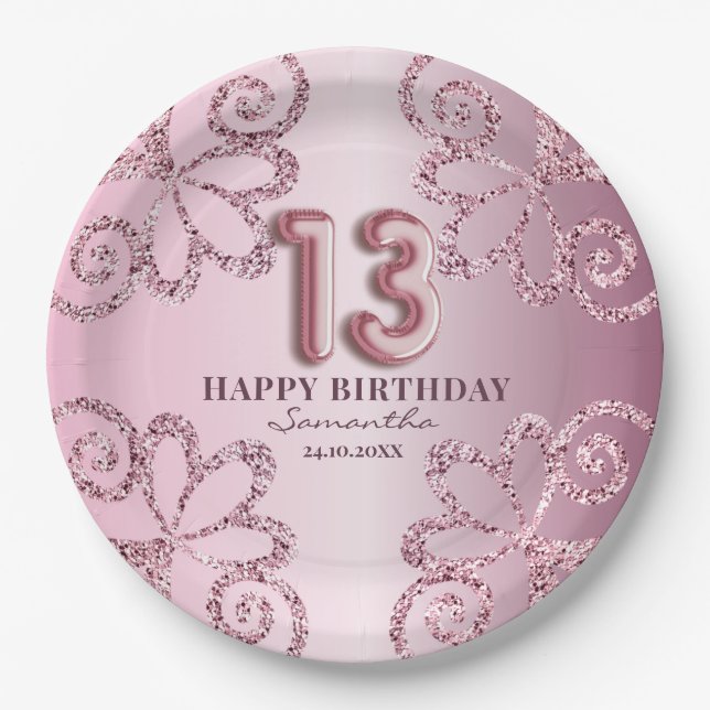 Prato De Papel 13 Birthday Pink Princess Glitter Balloon Script (Frente)