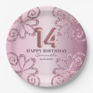 Prato De Papel 14 Birthday Pink Princess Glitter Balloon Script