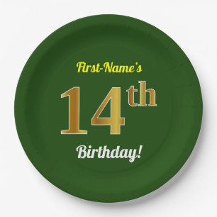 Prato De Papel 14 Verde, Faux Dourado Aniversário + Nome Persona