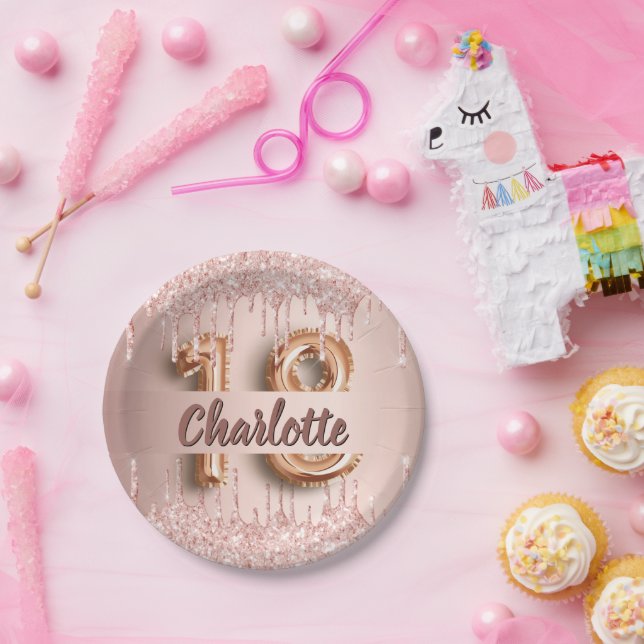 Prato De Papel 18º aniversário rosa dourado nome (Festa)
