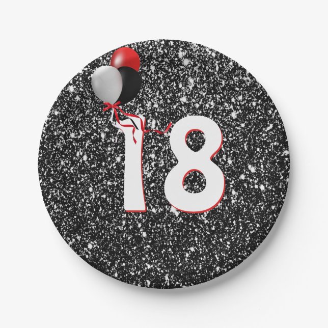 Prato De Papel 18º balões de aniversário sobre brilho negro (Frente)