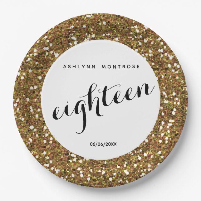 Prato De Papel 18.º aniversário da Glitter Dourada (Frente)