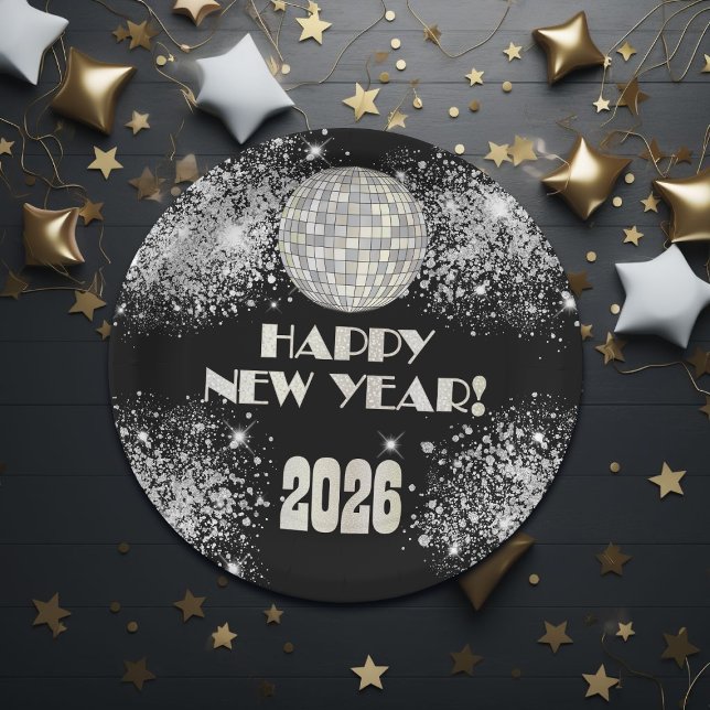 Prato De Papel 2026 Black Silver Glitter New Year's Eve Party  (Criador carregado)