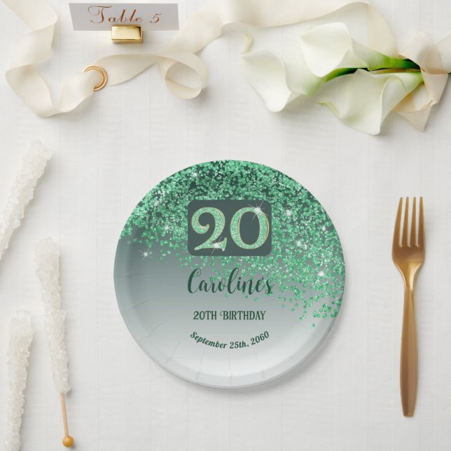 Prato De Papel 20th Birthday Party Sparkle Green Glitter (Casamento)