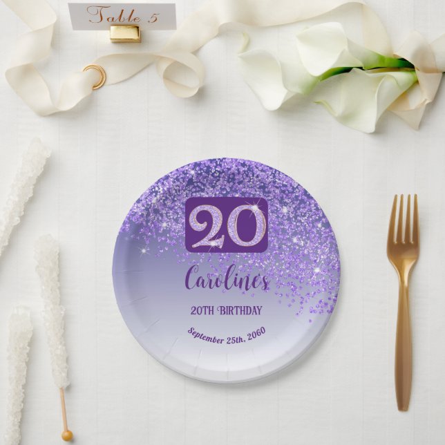 Prato De Papel 20th Birthday Party Sparkle Purple Glitter (Casamento)