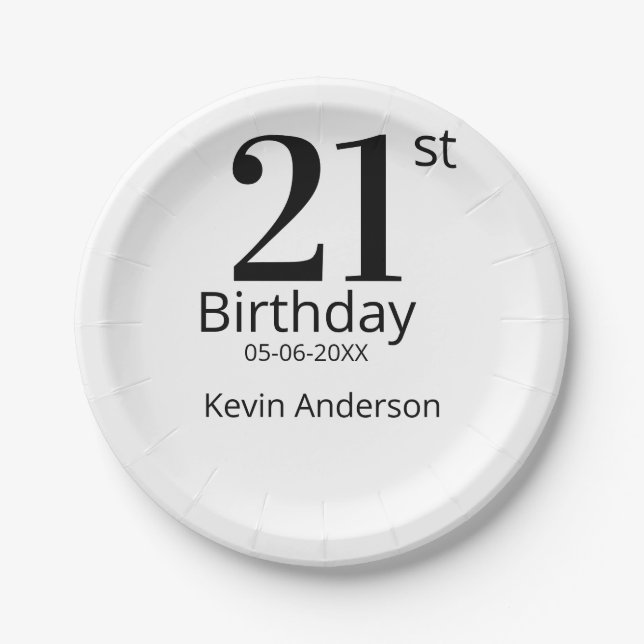 Prato De Papel 21st birthday bold letter name date simple man boy (Frente)