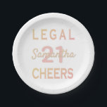 Prato De Papel 21st birthday party rose gold white legal cheers<br><div class="desc">A paper plate for a 21st birthday party. Personalize and add a name and age 21. Golden and rose gold,  pink colored letters.  A chic white background color.  The text: Legal and Cheers in bold golden and rose gold.
Matching paper napkins available in our store.</div>