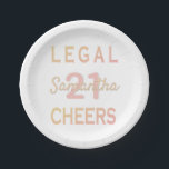 Prato De Papel 21st birthday party rose gold white legal cheers<br><div class="desc">A paper plate for a 21st birthday party. Personalize and add a name and age 21. Golden and rose gold,  pink colored letters.  A chic white background color.  The text: Legal and Cheers in bold golden and rose gold.
Matching paper napkins available in our store.</div>